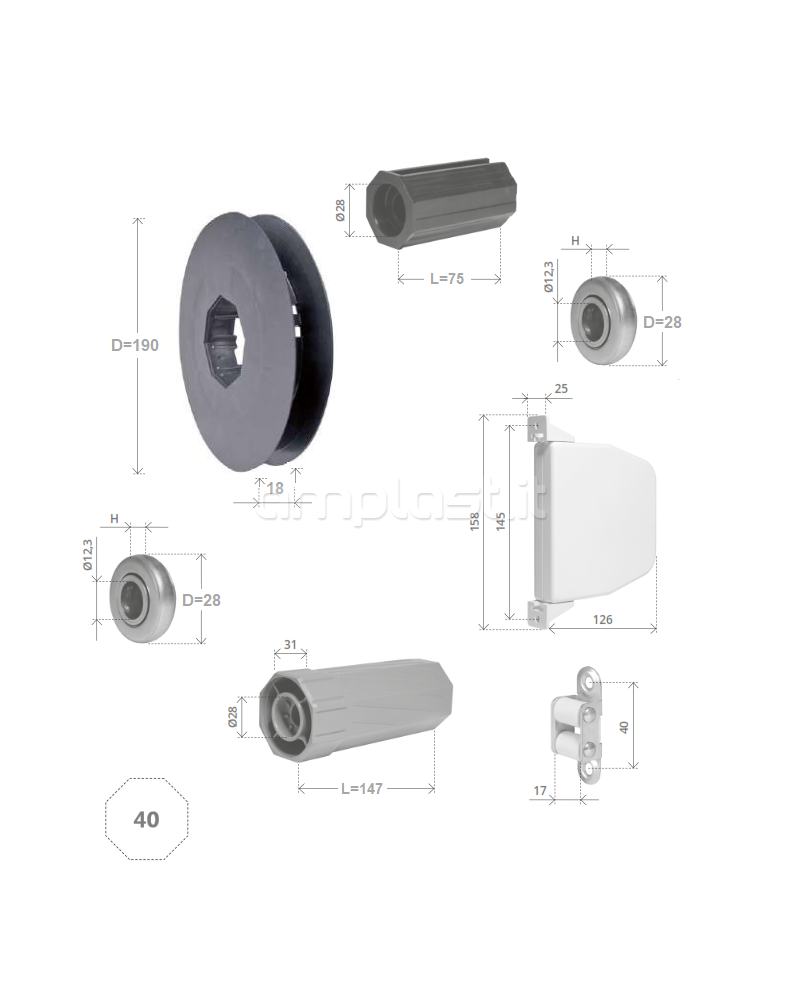 Kit manovra a cinghia per mini cassonetti con rullo ottagonale diametro 40