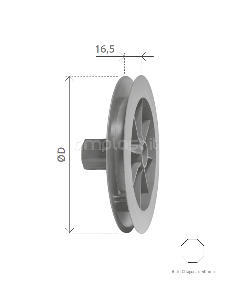 Puleggia in plastica diametro 190 con cuscinetto per rullo ottagonale diametro 40