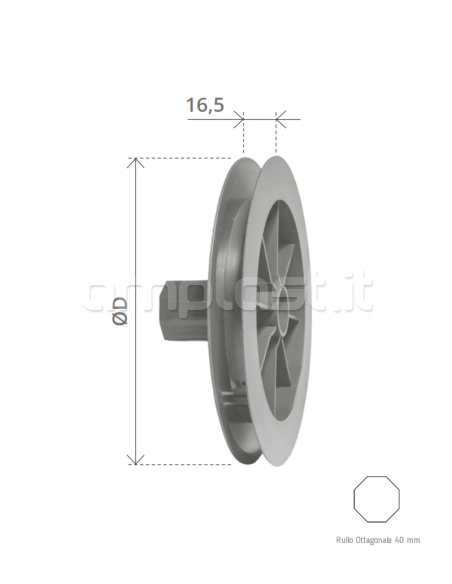 Puleggia in plastica diametro 190 con cuscinetto per rullo ottagonale diametro 40